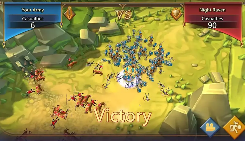 Een gevechtsscène uit een game waarin een blauw leger een rood leger verslaat op een groen, rotsachtig terrein. Het blauwe team heeft 6 slachtoffers, het rode team 90. Er verschijnt het woord ‘Overwinning