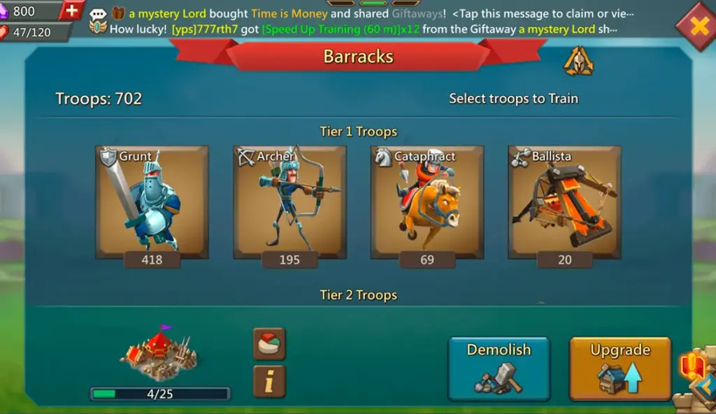 De interface van de kazerne in een spel, met daarin de troepen van niveau 1: Grunt, Boogschutter, Cataphract en Ballista, inclusief het aantal troepen. De opties om te slopen of te upgraden zijn zichtbaar