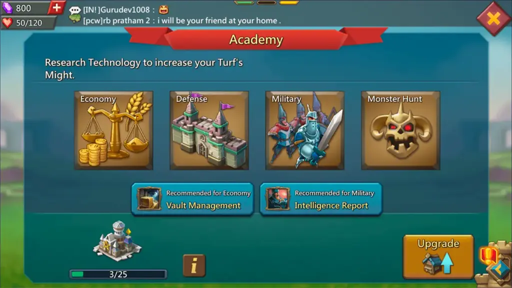 Spelinterface van een academiescherm met opties voor Economie, Verdediging, Militair en Monsterjacht. De knop ‘Upgraden’ en de voortgangsbalk zijn zichtbaar