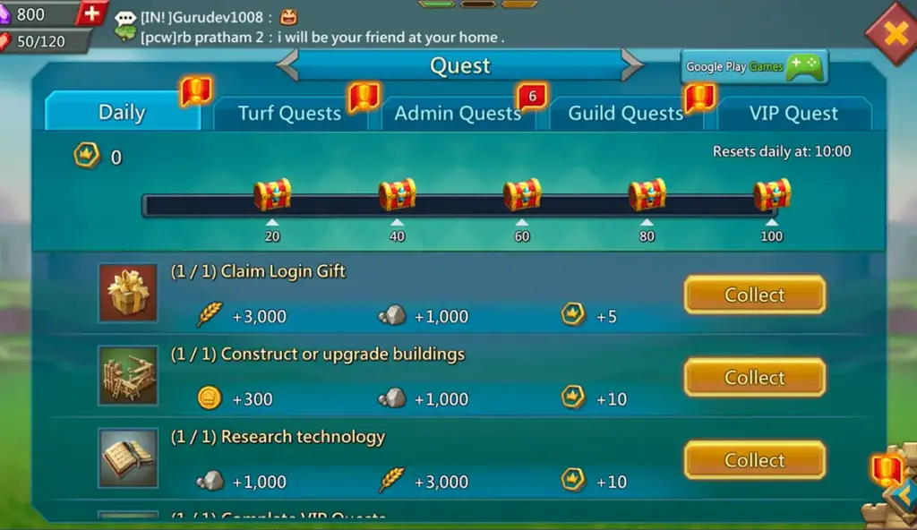 Gaming quest screen showing tasks and rewards. Tasks include claiming login gifts, constructing or upgrading buildings, and researching technology