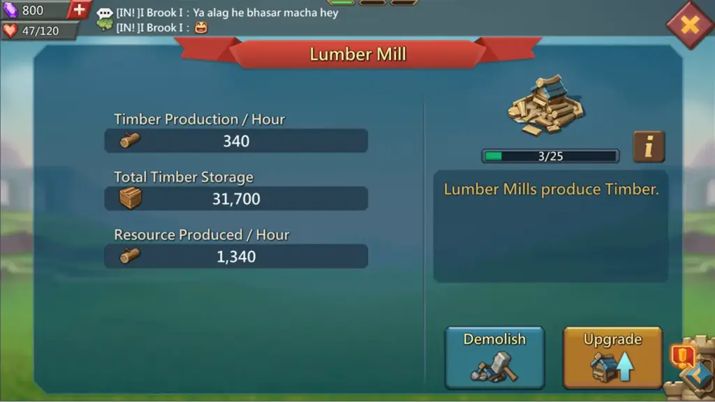 Spelinterface met een houtzagerij en de bijbehorende statistieken: houtproductie per uur 340, totale houtvoorraad 31.700 en geproduceerde grondstoffen per uur 1.340. De opties ‘Sloop’ en ‘Upgrade’ zijn zichtbaar