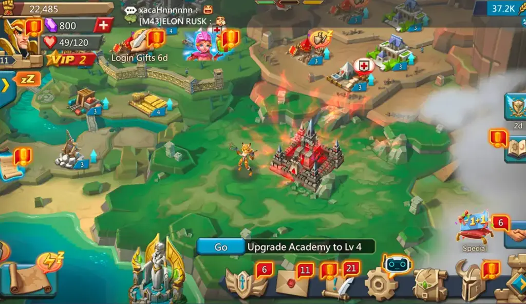 Op de afbeelding is een kleurrijke interface van een strategiespel te zien met een kasteel dat rode energie uitstraalt, omringd door groen terrein, pictogrammen en upgrade-opties