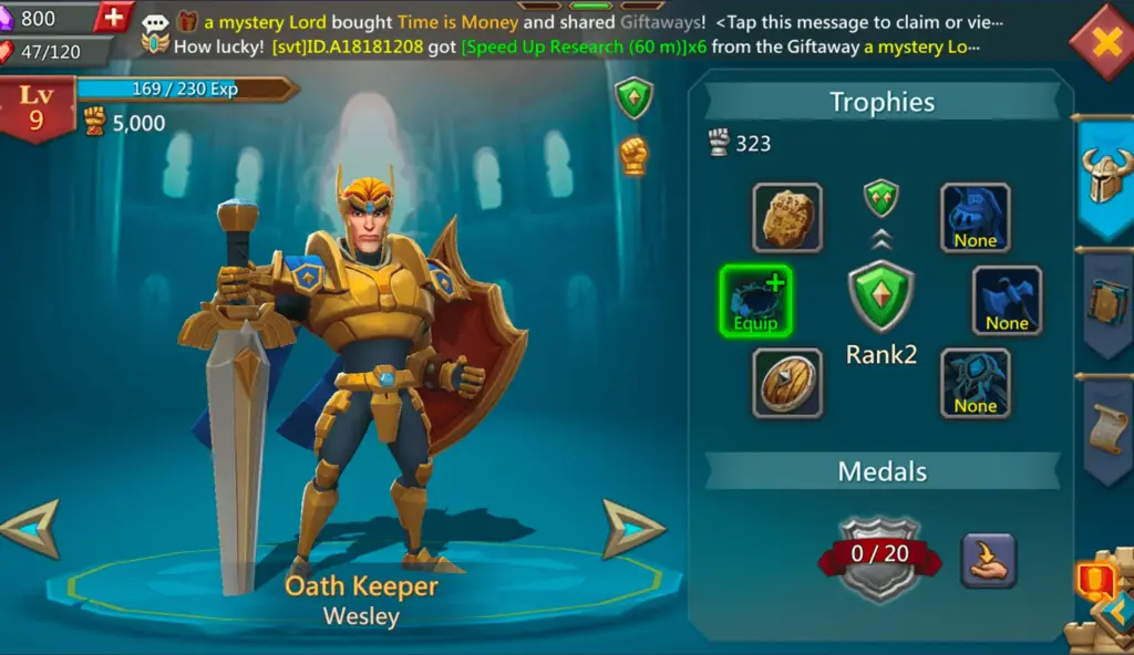 Een videogamescherm met een personage van niveau 9 genaamd “Oath Keeper” in een gouden harnas, met een zwaard en een schild in de hand. Rechts zijn trofeeën en medailles te zien